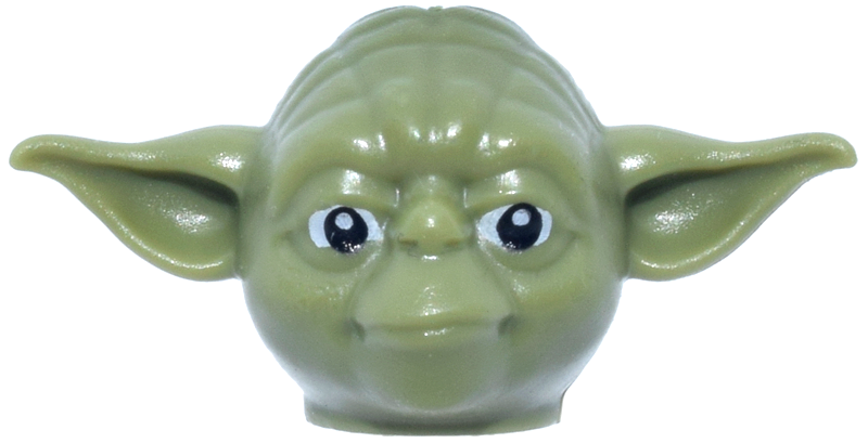 Minifigure, Head, Modified SW Yoda Curved Ears with Black Eyes and White Pupils - Olive Green