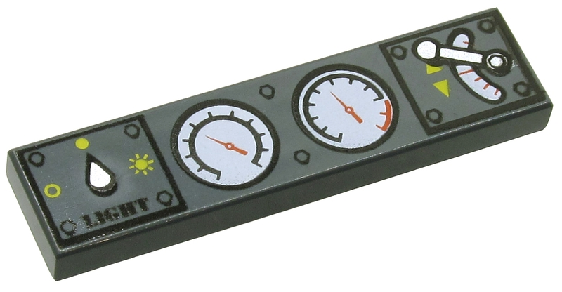 Tile 1 x 4 with Light Switch, 2 White Gauges and Train Throttle Pattern - Dark Bluish Gray