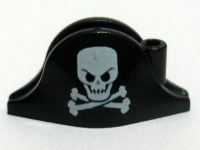 Minifigure, Headgear Hat, Pirate Bicorne with White Skull and Crossbones, Square - Black