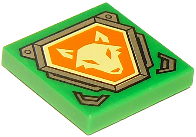 Tile 2 x 2 with Bright Light Yellow Fox Head on Orange Hexagonal Shield with Sil - Green