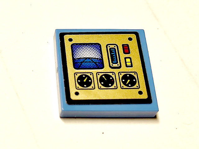 Tile 2 x 2 with Gold Panel and 3 Black Gauges Pattern (Sticker) - Set 70 - Medium Blue