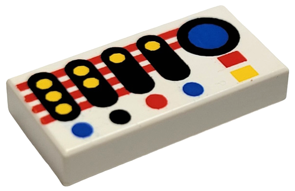 Tile 1 x 2 with Control Panel with Black, Blue, Red, and Yellow Buttons and Stri - White