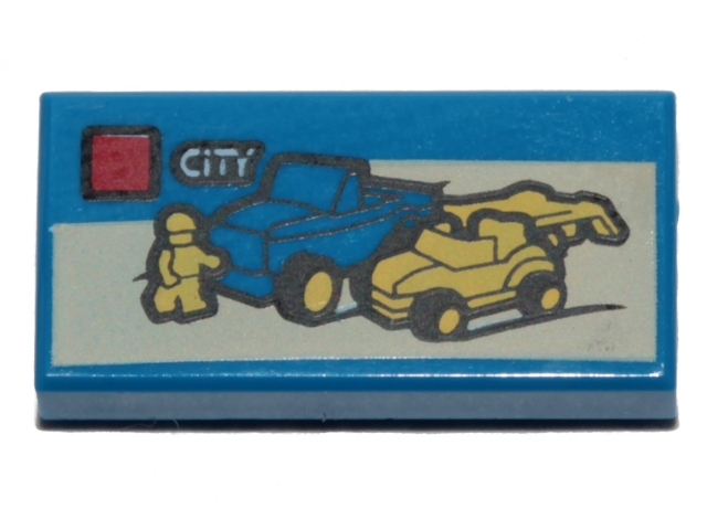 Tile 1 x 2 with LEGO City Set Box Art, Blue Truck and Yellow Minifigure Pattern - Blue