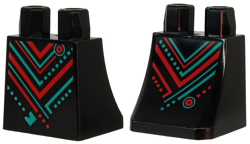 Lower Body, Skirt with Dark Turquoise and Red Stripes, Rectangles and Circles Pa - Black
