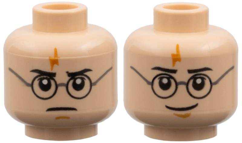 Minifigure, Head Dual Sided Black Eyebrows, Upper Eyelids, Round Glasses, Dark O - Light Nougat