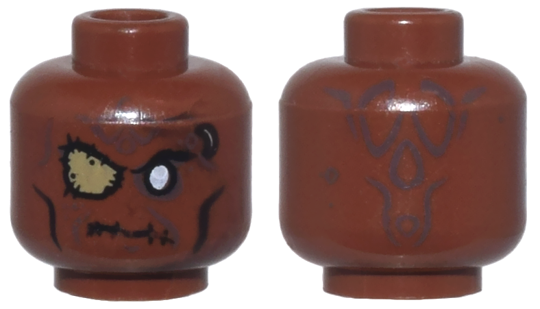 Minifigure, Head Alien with PotC Zombie with Silver Eye and Eye Patch Pattern - Reddish Brown