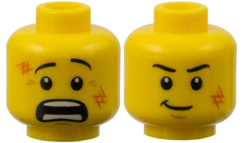 Minifigure, Head Dual Sided Black Eyebrows, Dark Orange Scuff Marks, Medium Noug - Yellow