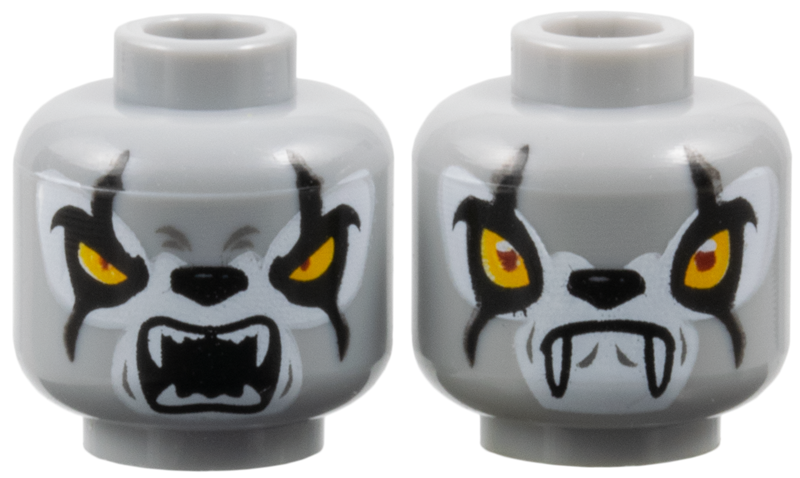 Minifigure, Head Dual Sided Alien Chima Wolf with Yellow Eyes, Black Scars, Fang - Light Bluish Gray