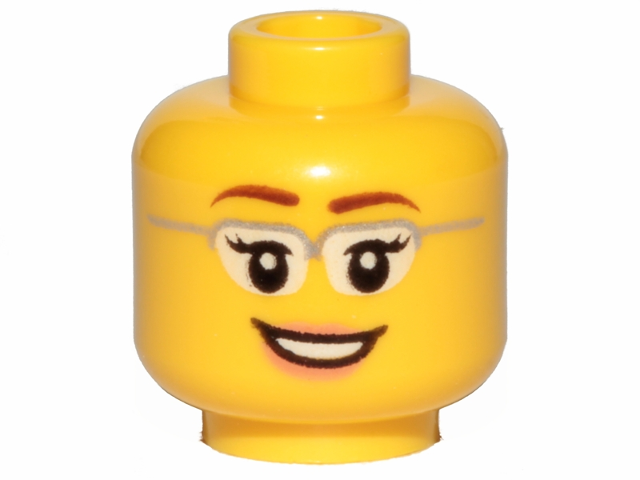 Minifigure, Head Female Glasses with Silver Frames, Reddish Brown Eyebrows, Eyel - Yellow