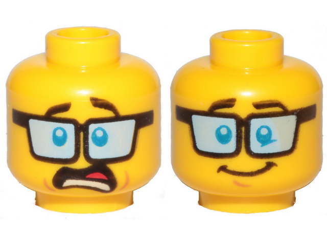 Minifigure, Head Dual Sided Blue Tinted Glasses, Dark Brown Eyebrows, Shocked / - Yellow