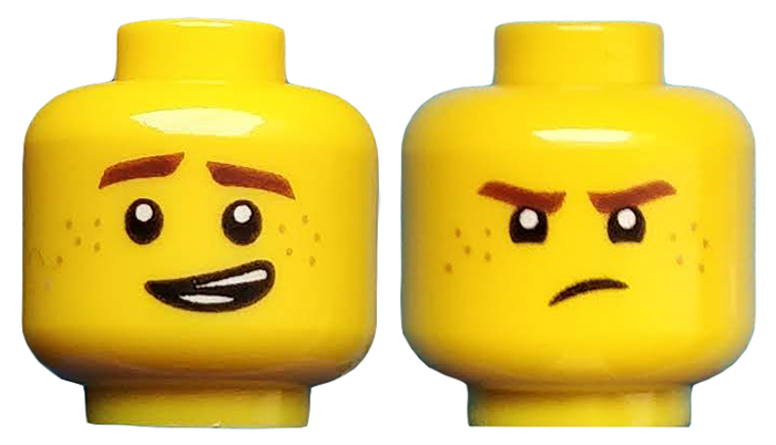 Minifigure, Head Dual Sided Reddish Brown Eyebrows and Freckles, Lopsided Grin / - Yellow