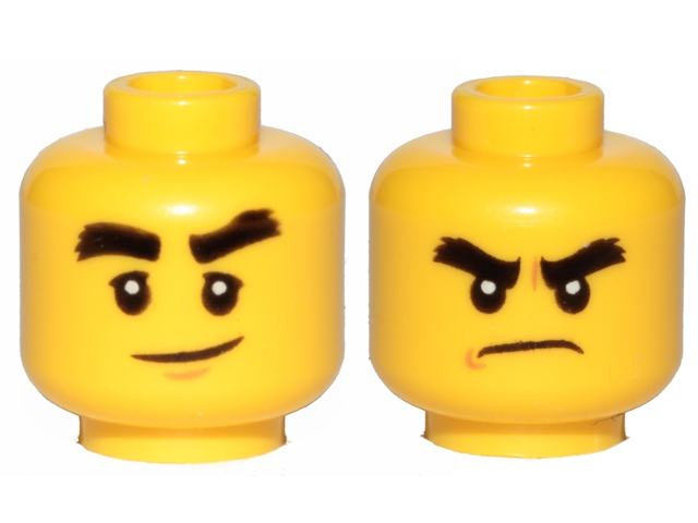 Minifigure, Head Dual Sided Black Bushy Eyebrows, Smile / Angry Pattern (Col - Yellow