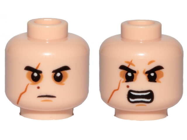 Minifigure, Head Dual Sided SW Black Eyebrows, Sunken Eyes, Red Beauty Mark / Mo - Light Nougat