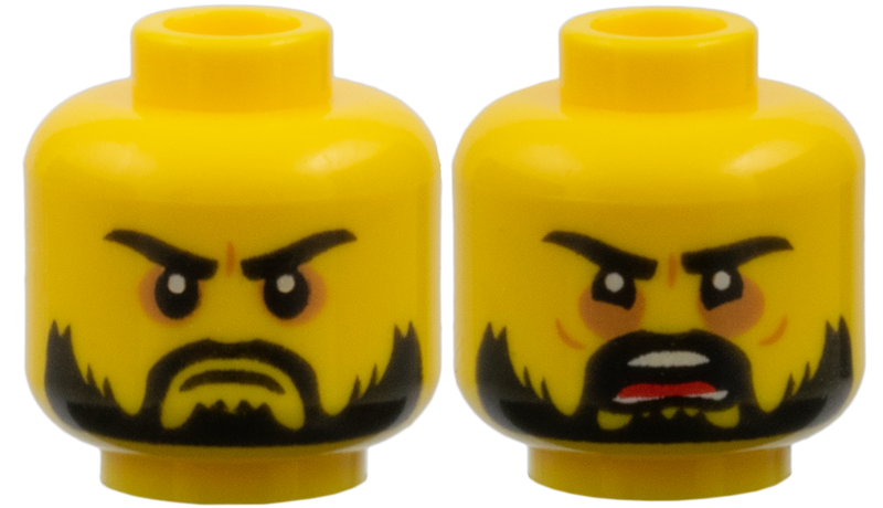 Minifigure, Head Dual Sided Beard Black, Black Eyebrows, Firm / Angry Open Mouth - Yellow