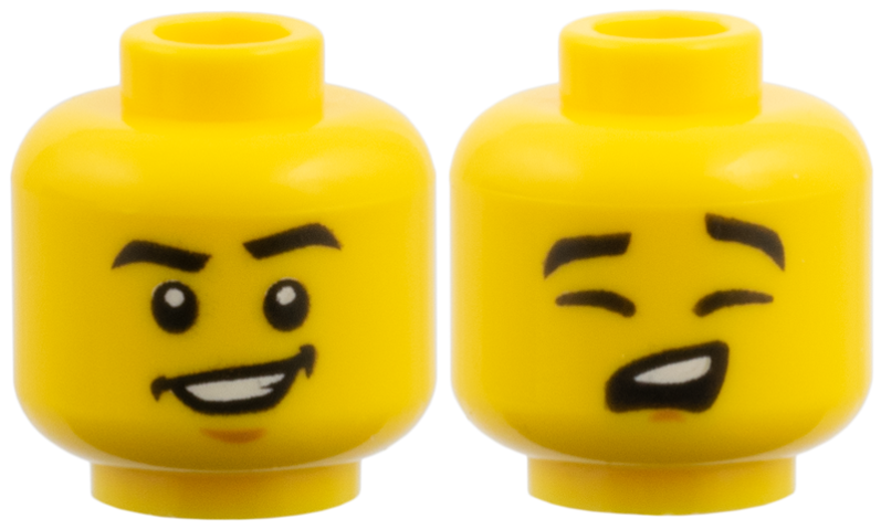 Minifigure, Head Dual Sided Black Eyebrows, Wide Smile, Chin / Eyes Closed, Sing - Yellow