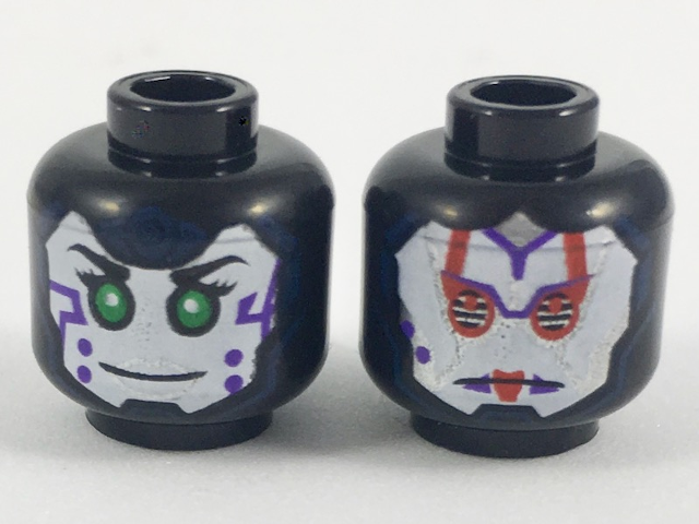 Minifigure, Head Dual Sided Alien Female with White Face, Green Eyes and Purple - Black