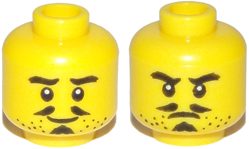 Minifigure, Head Dual Sided Beard Stubble, Thick Eyebrows, Pencil Moustache, Sou - Yellow
