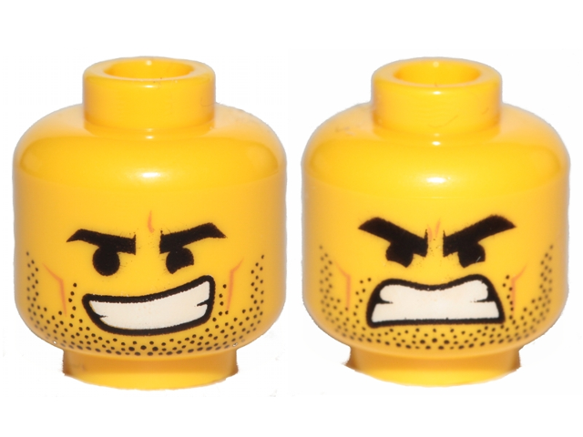 Minifigure, Head Dual Sided Black Eyebrows, Stubble, Open Smile / Open Mouth Ang - Yellow