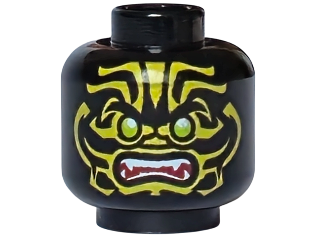 Minifigure, Head Alien with Lime Eyes, White Fangs, Yellow Face Decorations and - Black