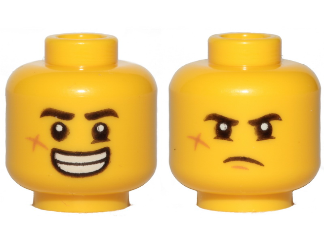 Minifigure, Head Dual Sided Black Eyebrows, Cheek Scar, Large Smile with Teeth / - Yellow