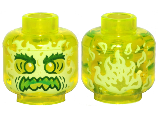 Minifigure, Head Alien Ghost with Yellowish Green Face, Dark Green Bushy Eyebrow - Trans-Neon Green