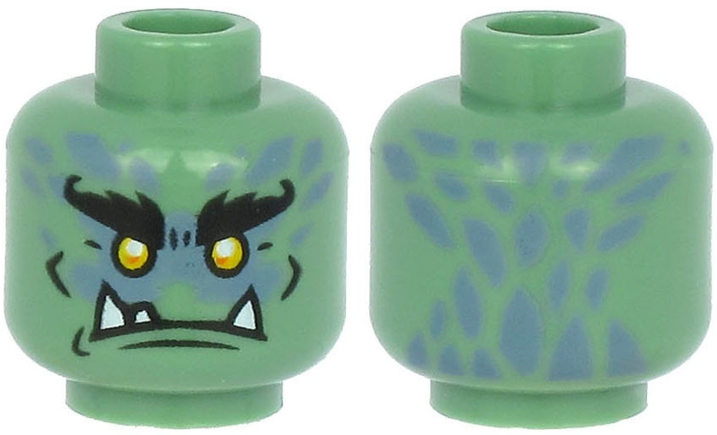 Minifigure, Head Alien with Black Bushy Eyebrows, Yellow Eyes, White Lower Fangs - Sand Green