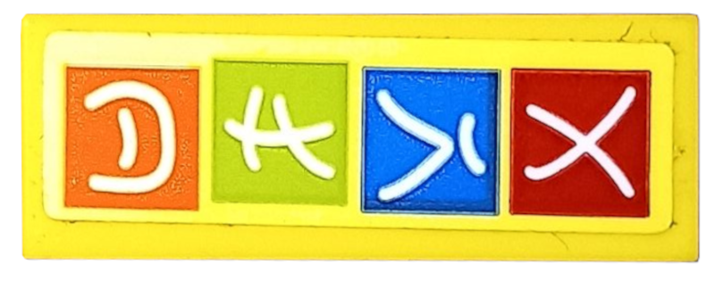 Tile 1 x 3 with White Ninjago Logogram 'ARLO' on Red, Blue, Lime, and Orange Squ - Yellow