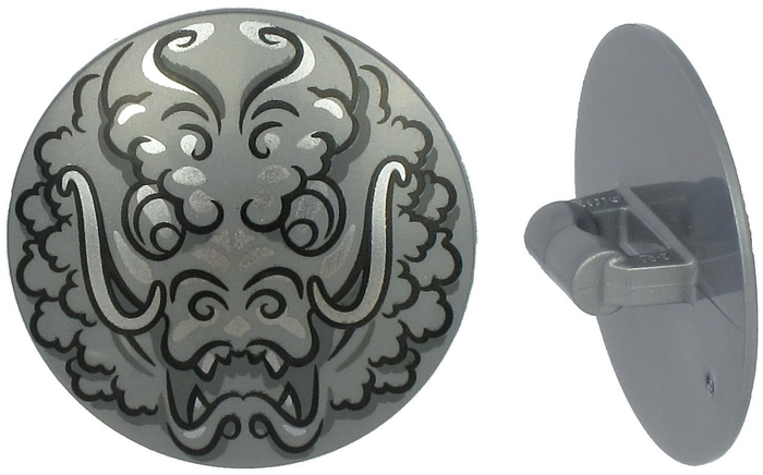 Minifigure, Shield Circular / Round Convex Face with Black and Silver Ninjago Dr - Flat Silver