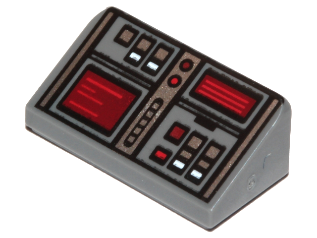 Slope 30 1 x 2 x 2/3 with Red, White, and Silver Buttons, Dark Red Screens Patte - Dark Bluish Gray